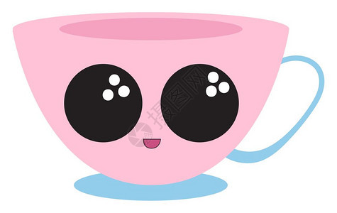 以粉红色底和蓝手柄的咖啡杯Emoji有一个可爱的小脸孔眼睛向左翻过侧微笑着玫瑰嘴唇向量彩色图画或插图片