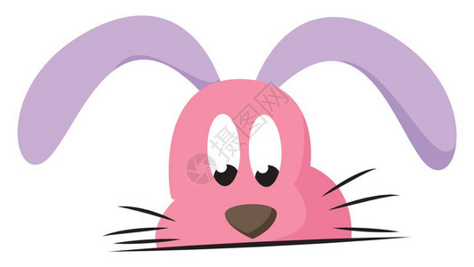 一只长的紫黄色耳朵向下倾斜的粉红兔子黑胡须眼睛向下滚动看上去不开心向量彩色画或插图图片