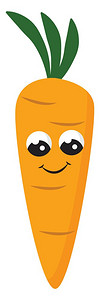 巨型黄胡萝卜的伊莫吉上面涂满了奥瓦尔形绿色叶子长着可爱的小脸孔眼睛转过身微笑向量彩色画或插图图片