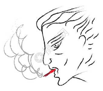 量子力学线条一个人在嘴里抽红烟的线条是孤立在从侧面矢量彩色图画或