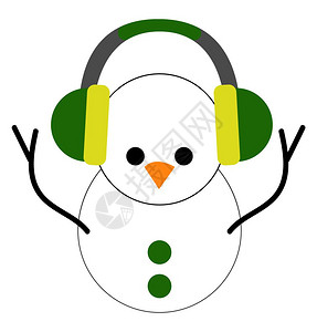 一个可爱的雪人有两个不同大小的球装饰用两个圆形绿按钮有两只眼睛和黄嘴享受绿色耳机向量彩色画或插图的音乐图片