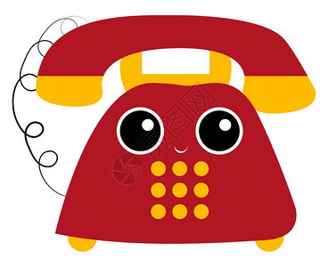 红黄的旧电话与爱人沟通的全套地线有可爱的笑脸矢量彩色画或插图图片