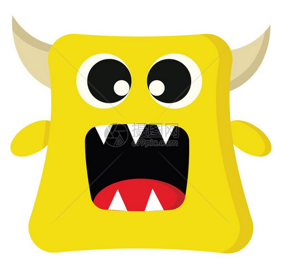 一个快乐的黄色怪物带着角和尖牙向量彩色画或插图图片