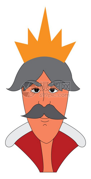 灰色的头发国王有胡子和金冠向量彩色绘画或插图图片