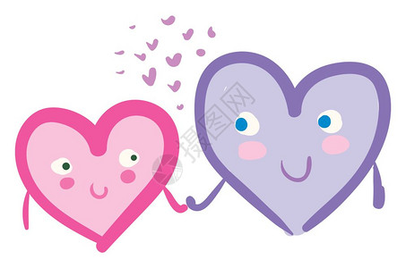 2个快乐的心卡通手牵心放在中间矢量彩色绘画或插图插画