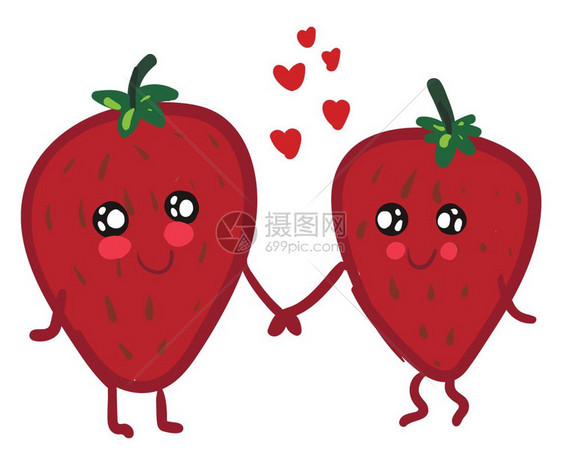 2个红色草莓的卡通画手牵着红心夹在中间矢量彩色画或插图之间图片