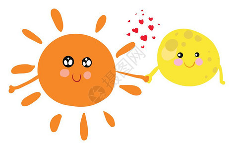 一个快乐的太阳和月亮卡通手握着小红心在中间矢量彩色画或插图之间图片