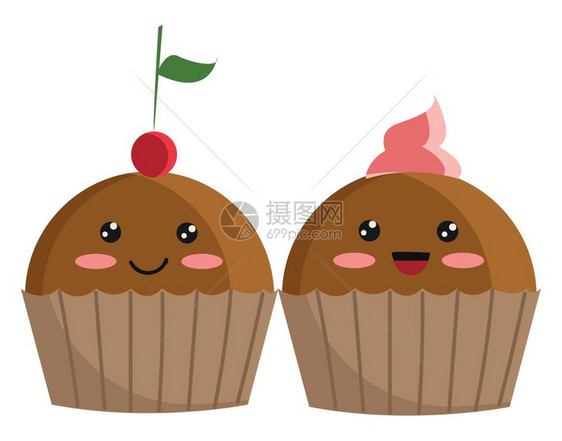 一张卡通片画着两只可爱的松饼上面有闪亮的眼睛玫瑰脸颊樱桃和奶油塔矢量彩色绘画或插图图片