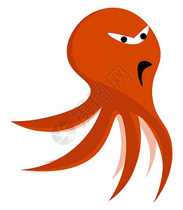 橙色的卡通章鱼带有悲伤或愤怒的脸色矢量颜绘画或插图图片