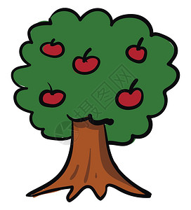 宝强一个大而强的苹果树上有许多红苹果其中含有矢量彩色绘图或插插画
