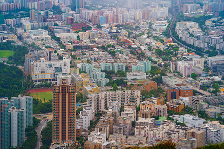 香港市中心国共和金融区亚洲智能城市商业中心日落时天梯和高楼大的空中景象图片