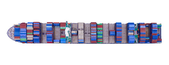 在出口进业务物流和运输概念中集装箱货轮空中最高视角是国际货物在白色背景中孤立图片