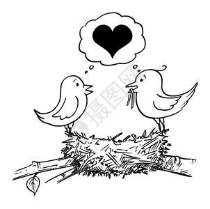 矢量漫画绘制一对爱的男女鸟在筑巢和共同思考心脏象征的概念插图图片