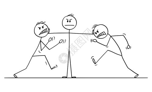 矢量卡通插图描绘男人商或经理领导停止两个愤怒同事战斗的概念图图片