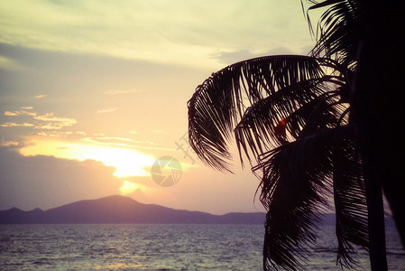 热带海滩沙夏季橙色天空和岛屿山地背景图片