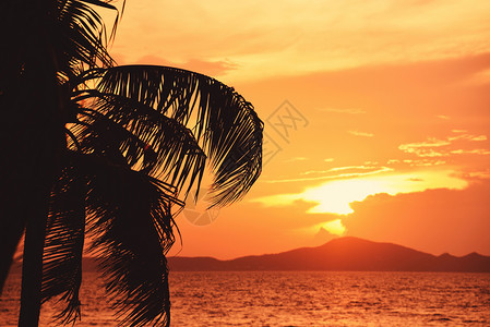 热带海滩沙夏季橙色天空和岛屿山地背景图片