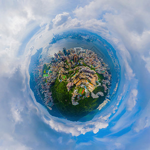 小行星360度球鸟眼观香港市中心空观光全景金融区和智能科技城市商业中心午天梯大楼图片