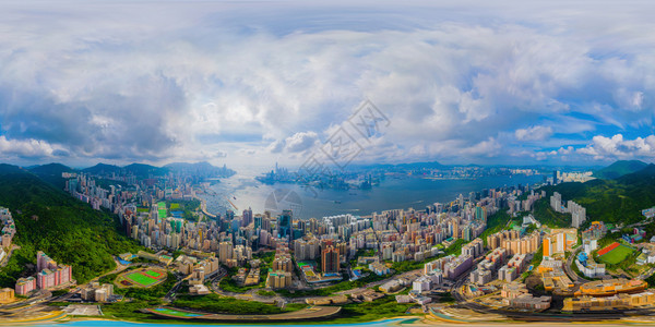 香港市中心空观察的无缝全景金融区和企业中心位于技术智能城市摩天大楼和建筑物中午图片
