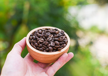 以木碗制成的咖啡豆手边有天然绿色背景图片