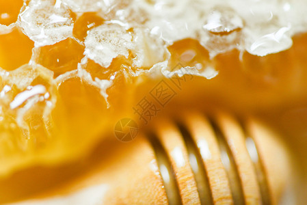 新鲜蜂蜜和木制花关闭黄色甜蜂窝天然健康食物图片