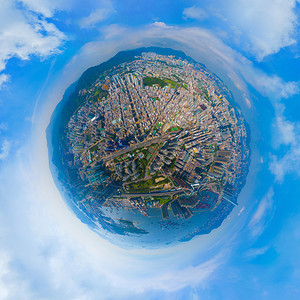 小行星360度球鸟眼观香港市中心空观光全景金融区和智能科技城市商业中心午天梯大楼图片