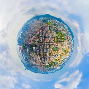 小行星360度球鸟眼观香港市中心空观光全景金融区和城市技术智能的商业中心天桥大楼图片