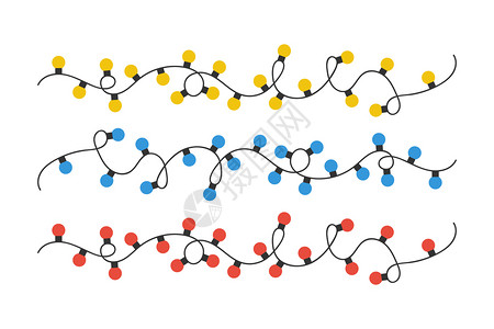 圣诞灯泡收集红色蓝灯和黄圣诞泡在白色背景上隔离圣诞灯泡排成一矢量说明圣诞灯泡收集红蓝色和黄圣诞灯泡在白色背景上隔离圣诞灯泡排成一图片