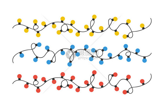 圣诞灯泡收集红色蓝灯和黄圣诞泡在白色背景上隔离圣诞灯泡排成一矢量说明圣诞灯泡收集红蓝色和黄圣诞灯泡在白色背景上隔离圣诞灯泡排成一图片