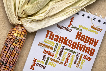 感恩节快乐的字词云在草图本中带有装饰玉米节日贺卡图片