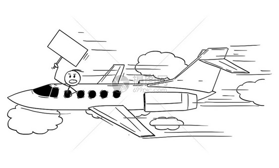 矢量卡通棒图绘制富人名或商乘坐私喷气飞机行并留空标牌供您使用的概念图解富人名或商驾驶私喷气飞机行的矢量卡通说明和持有空标码图片