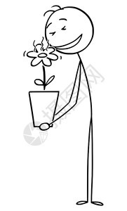 矢量卡通棒图绘制人类在植物锅中闻到美丽花朵香味的概念插图图片
