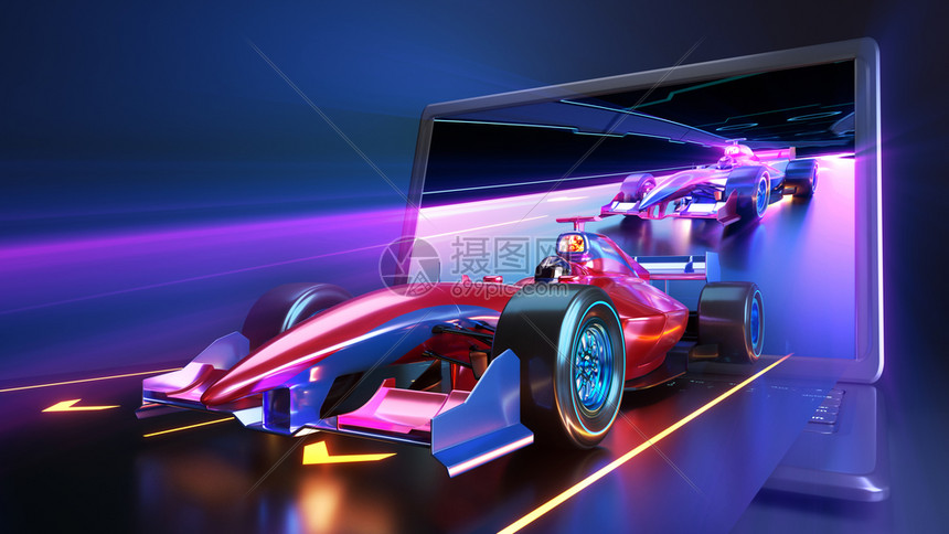 没有品牌的赛车由我自己设计和模拟3D插图赛车由膝上型屏幕驾驶图片