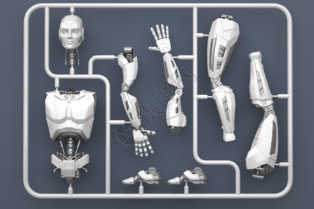 装有未来机器人部件的模型工具包3D插图图片