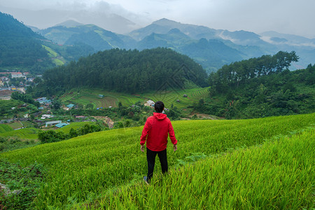 mubai农村的稻田小边观望亚洲旅游男子夏季行和假期概念图片素材