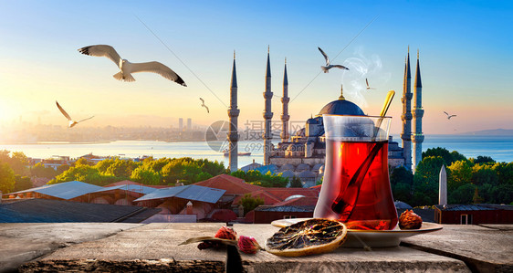 土耳其伊斯坦布尔的茶叶和蓝色清真寺及Bosphorus图片