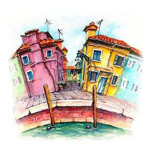 威尼斯人意大利威尼斯岛著名的布拉诺可爱多彩房屋水色草图背景