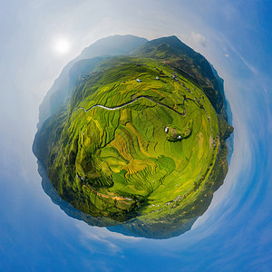 小行星360度球体稻田梯全景MuCangChai农村地区绿田越南山谷自然景观背图片