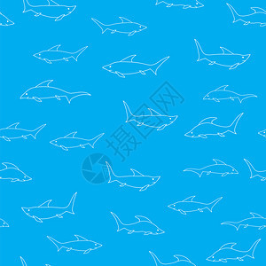 鲨鱼在蓝背景上被孤立无缝模式鱼类蓝背景上被孤立的鲨鱼无缝类模式图片