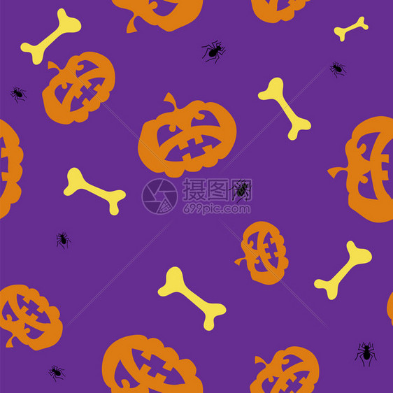 万圣节装饰无的模式由南瓜和蜘蛛在紫背景上孤立万圣节装饰无缝模式由南瓜孤立在紫背景上图片