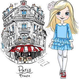 法国巴黎穿蓝裙子和运动鞋的矢量可爱金发女孩巴黎矢量婴图片