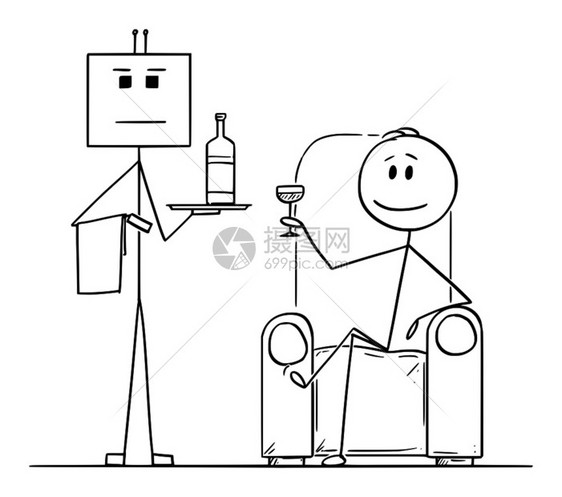 矢量卡通插图绘制富人坐在扶手椅或子上的概念图解用玻璃和机器人作为仆或侍者站在旁边把瓶子放在托盘上矢量卡通插图说明富人坐在扶手椅上图片