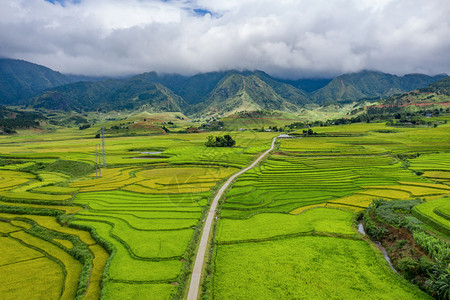 西梯宏村夏季Fansipan山区谷的空中景象有稻田梯农村地区的绿色田旅行和假期概念越南萨帕自然景观背景