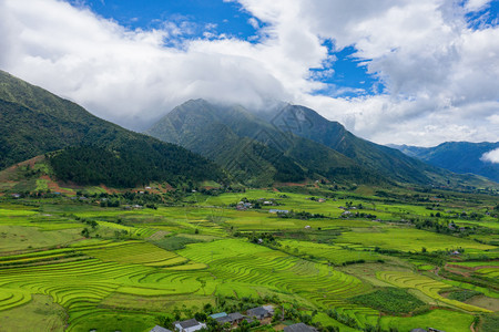 西梯宏村夏季Fansipan山区谷的空中景象有稻田梯农村地区的绿色田旅行和假期概念越南萨帕自然景观背景