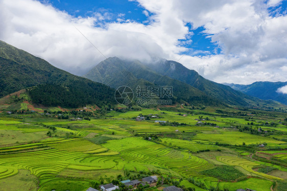 夏季Fansipan山区谷的空中景象有稻田梯农村地区的绿色田旅行和假期概念越南萨帕自然景观图片