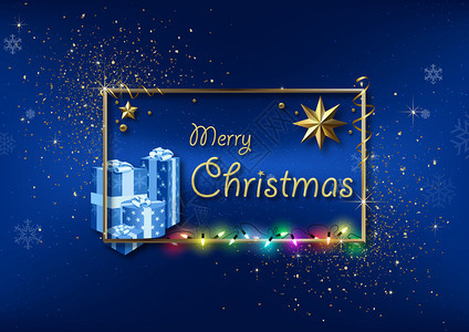 蓝色圣诞节与金框架和闪光的青蓝色圣诞节greeting图片
