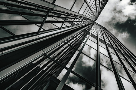 在商业中心区的摩天大楼玻璃表面视图黑色和白图片
