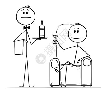 矢量卡通插图绘制富人坐在扶手椅或子上握着玻璃其仆人或侍者站在近旁