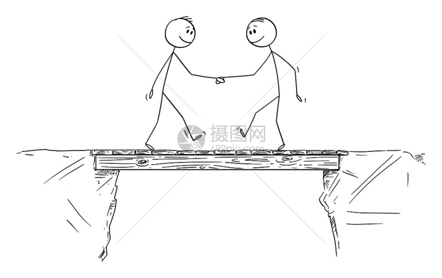 矢量卡通插图绘制两个男人或商在桥上握手的概念插图商业合作概念插画