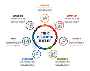 包含七个元素步骤或选项工作流程或图矢量eps10插图的圆形信息模板图片