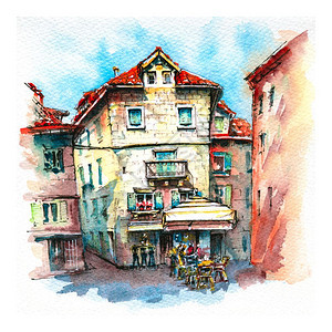 克罗地亚中世纪旧城斯普利特的水果广场彩色草图克罗地亚斯普利特老城图片